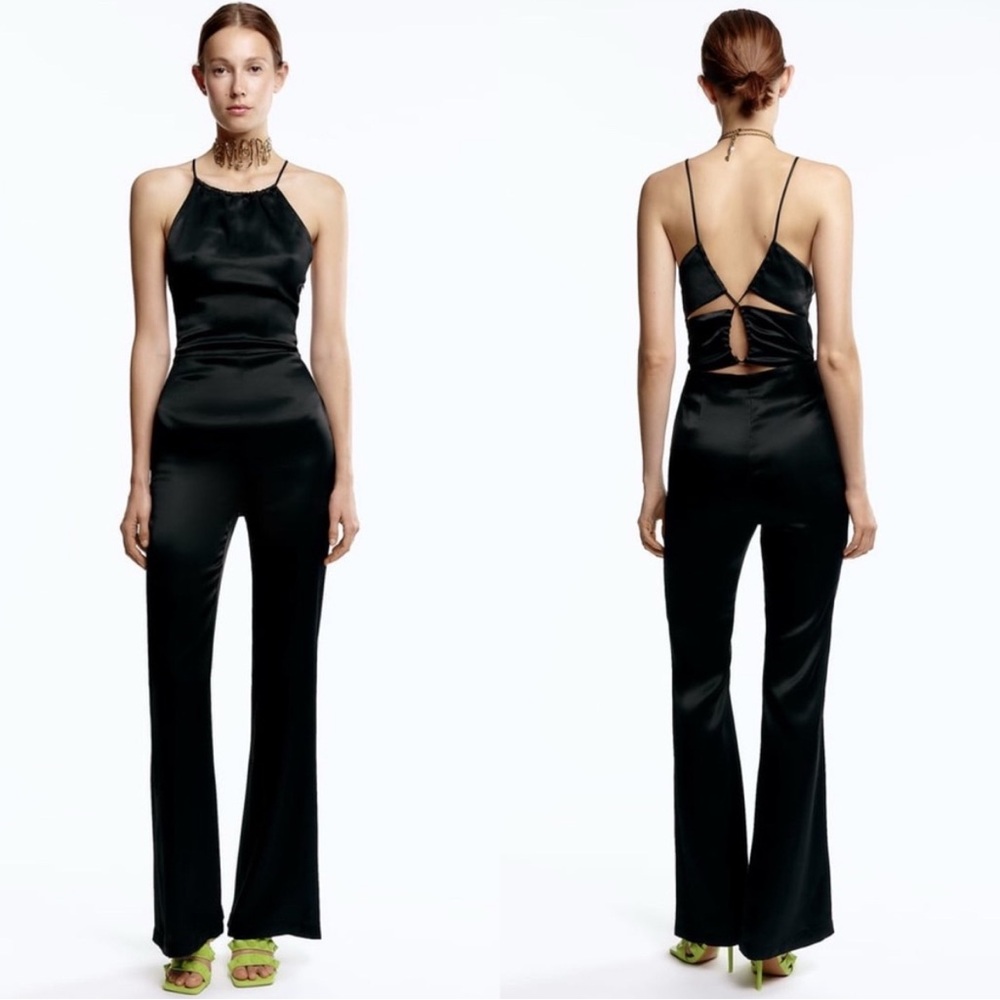 ZARA Black Satin Flared Leg Jumpsuit Halter Neck Cutout Back Design Size Medium